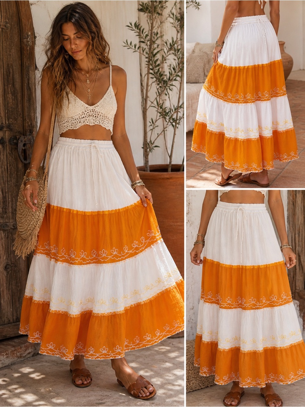 Vintage Jackpot Orange White Embroidered Gauze Boho Maxi Skirt Free Size